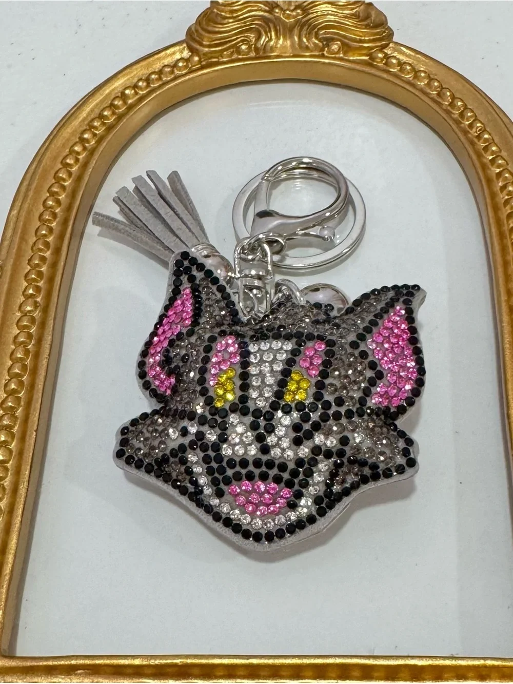 New Gray Crystal Cat Face Keychain Charm - Pink & Yellow Accent